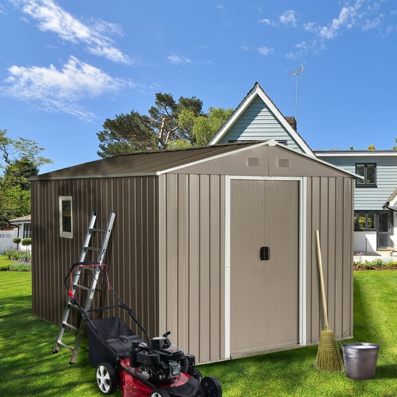 Roninkier8x10 ft Outdoor Metal Storage Shed with Metal Floor Base and Window for Lawn, Grey