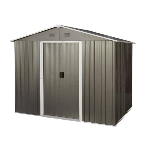 Roninkier 8x6 ft Outdoor Metal Storage Shed with Floor Base and Lockable Sliding Door for Yard, Gray