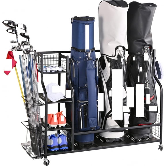 Roninkier Extra Metal Large 3 Bag Golf Organizer Storage Rack with 12-Club Side Holder, Heavy Duty Metal Golf Bag Stand with 4 Shelves Locking Wheels for Garage Basement Shed, Black
