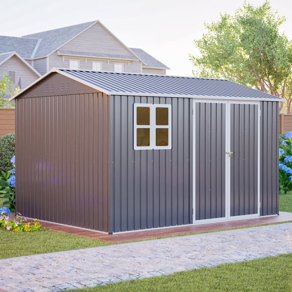 Roninkier Large Galvanized Steel Storage Shed with Window Lockable Double Doors & Sloped Roof, Heavy Duty Ventilated Outdoor Metal Shed for Garden, Tools, Backyard, Patio, Lawn, Dark Gray