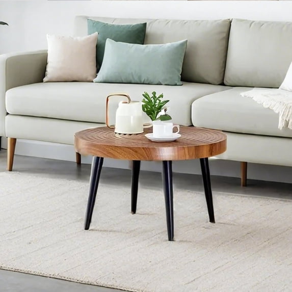 Roninkier Natural Wood Grain Texture Round Coffee Table - Diameter 23.6 Inches, Black Sprayed Metal Leg