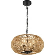 Roninkier Rattan Chandelier Light Fixtures, 4-Lights Boho Hand Wonven Pendant Light, Farmhouse Rustic Chandeliers for Dining Room Living Room Kitchen Island Bedroom Foyer, Height Adjustable