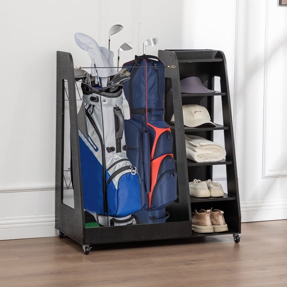 Roninkier Wooden Golf Bag Storage Rack - Mobile Golf Organizer with 4 Locking Wheels Holds 2 Stand Bags & Shoes for Garage, Basement & Shed, Easy Assembly, 35.5"L x 18"W x 40"H, Black