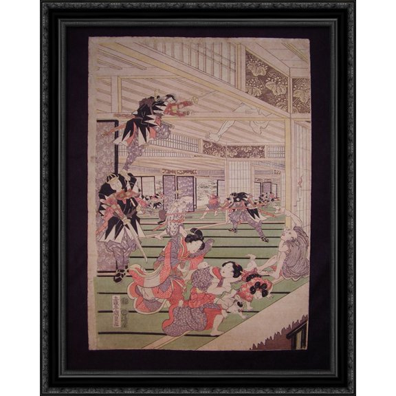 Ronins attack on the house of lord Kira (left panel of a triptych) 28x36 Large Black Ornate Wood Framed Canvas Art by Utagawa Kunisada
