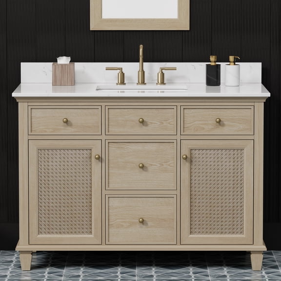 Ronnie 48" Single Bathroom Vanity, 49" W x 22" D x 34.5" H, Carrara White Quartz Top with Sink & Backsplash, Light Oak, Solid Wood, Pre-Assembled, 4 Drawer, 2 Doors, Adjustable Feet.