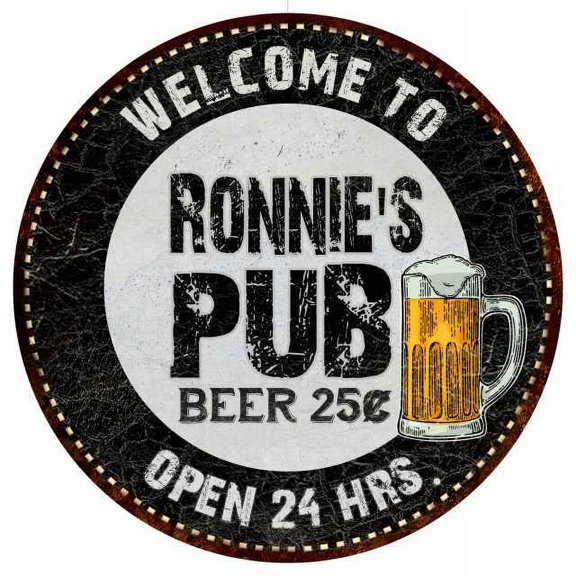 Ronnie's Pub 12" Round Metal Sign Beer Bar Black Wall Décor Gift 200120039344