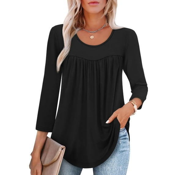 Ronuti 3/4 Length Sleeve Womens Tops Crew Neck Pleated Blouses For Women Dressy Casual Tunic Shirts