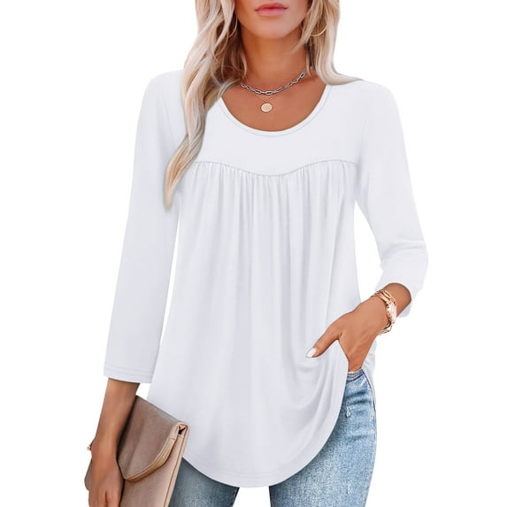 Ronuti 3/4 Length Sleeve Womens Tops Crew Neck Pleated Blouses For Women Dressy Casual Tunic Shirts