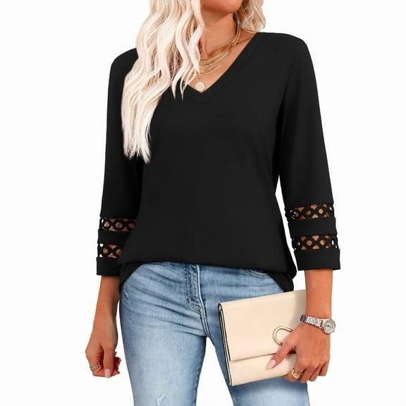 Ronuti 3/4 Length Sleeve Womens Tops Dressy Casual Blouses for Women 2025 Trendy V Neck T Shirts Fall Clothes