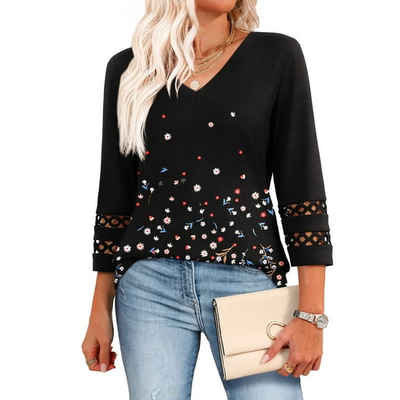Ronuti 3/4 Length Sleeve Womens Tops Dressy Casual Blouses for Women 2025 Trendy V Neck T Shirts Fall Clothes