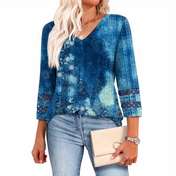 Ronuti 3/4 Length Sleeve Womens Tops Dressy Casual Blouses for Women 2025 Trendy V Neck T Shirts Fall Clothes