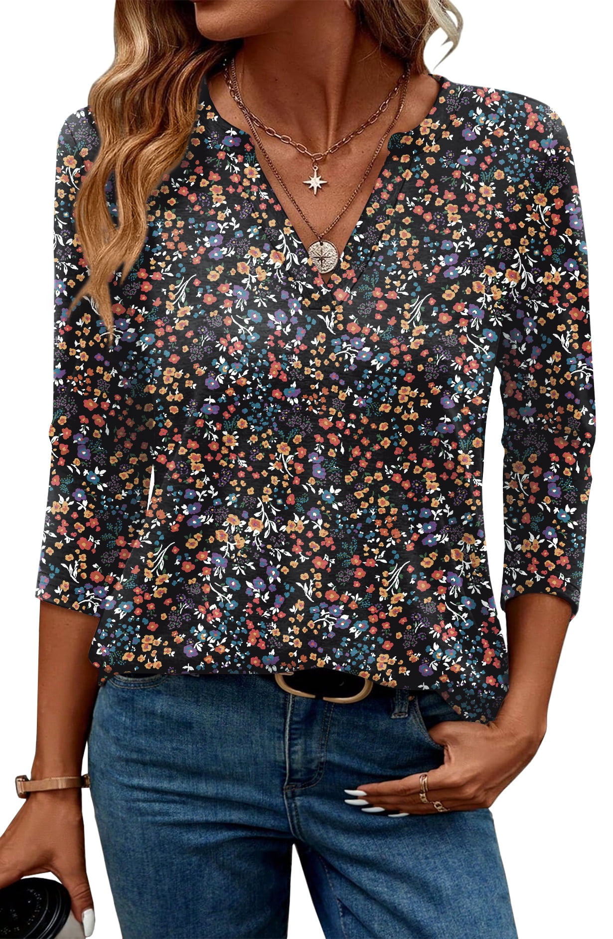 Ronuti 3/4 Length Sleeve Womens Tops V Neck Tunic Shirts Loose Curved ...