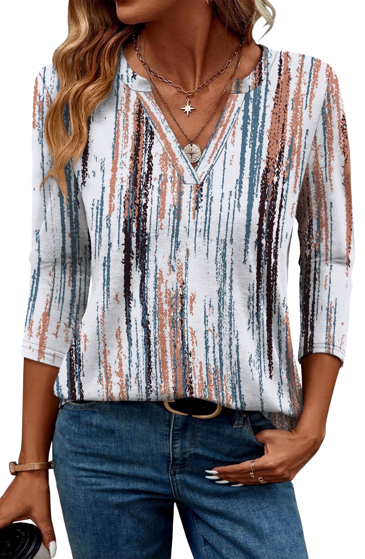 Ronuti 3/4 Length Sleeve Womens Tops V Neck Tunic Shirts Loose Curved ...