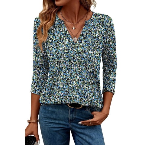 3/4 Length Sleeve Womens Tops V Neck Tunic Shirts Loose Curved Hem Blouses Dressy Casual M-3XL