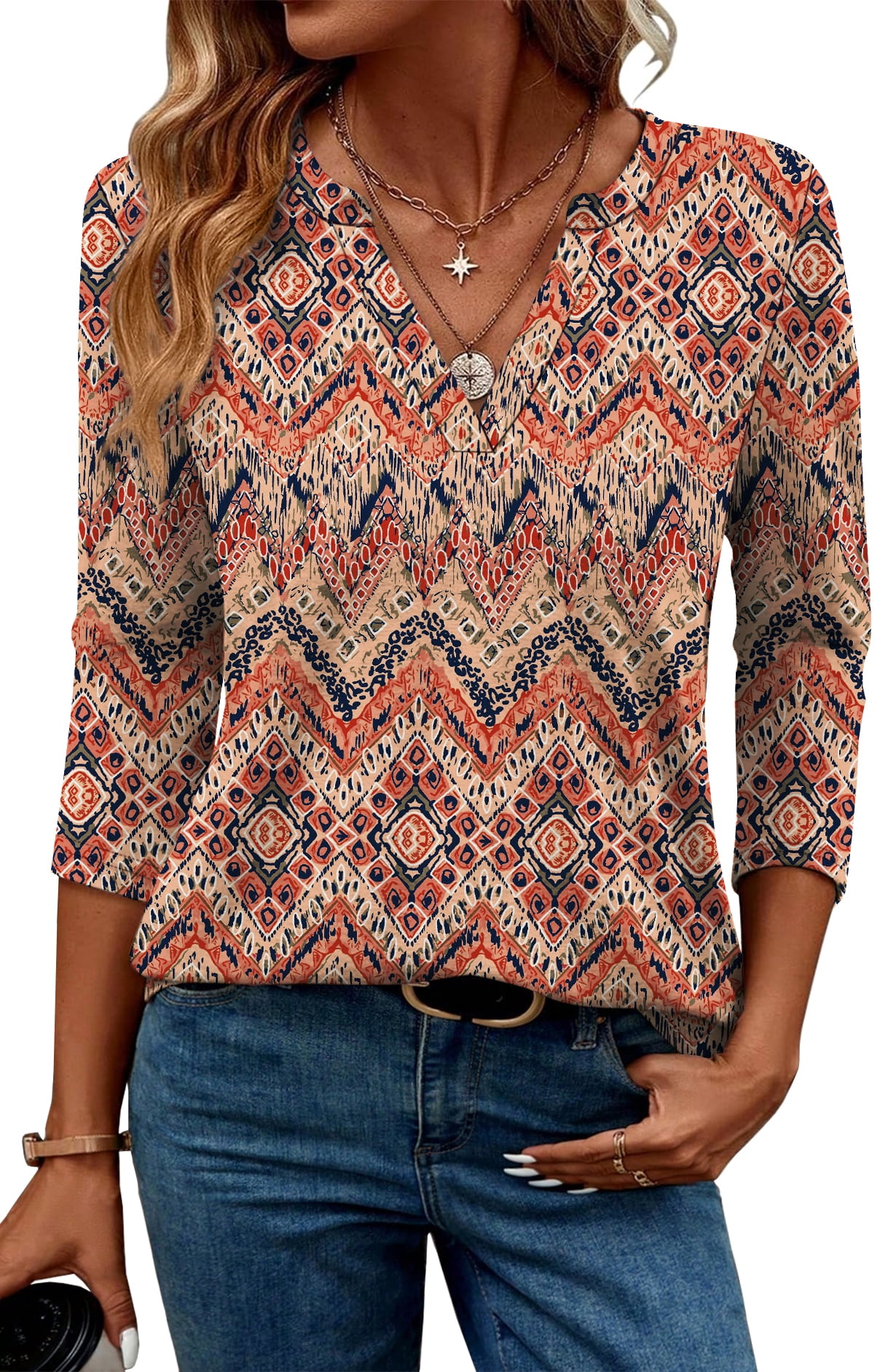 Ronuti 3/4 Length Sleeve Womens Tops V Neck Tunic Shirts Loose Curved ...