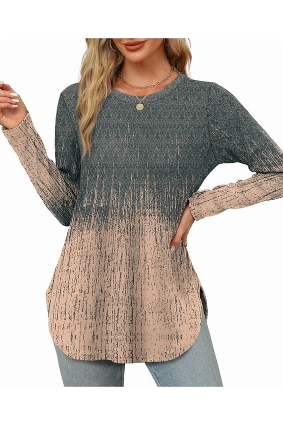 Long Sleeve Shirts for Women Crewneck Basic Loose Tunic Tops Floral Beach Vacation Clothes