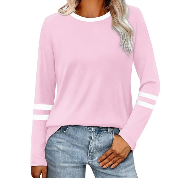 Ronuti Long Sleeve Shirts for Women Color Block Casual Tops Fall Outfits 2025 Basic Tees Trendy Clothes