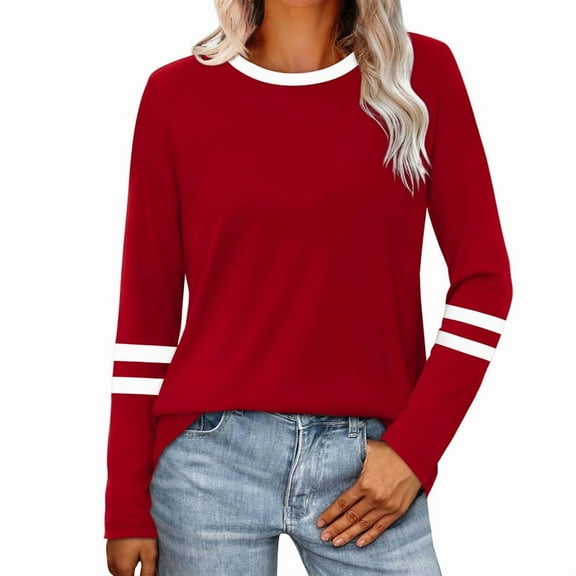Ronuti Long Sleeve Shirts for Women Color Block Casual Tops Fall Outfits 2025 Basic Tees Trendy Clothes