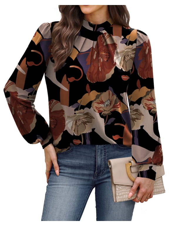 Long Sleeve Shirts for Women Mock Neck Tops Pleated Front Blouses Dressy Casual Fall Clothes