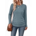 thumbnail image 1 of Ronuti Long Sleeve Shirts for Women Side Ruched Ribbed Knit Crewneck Fall Tops, 1 of 10
