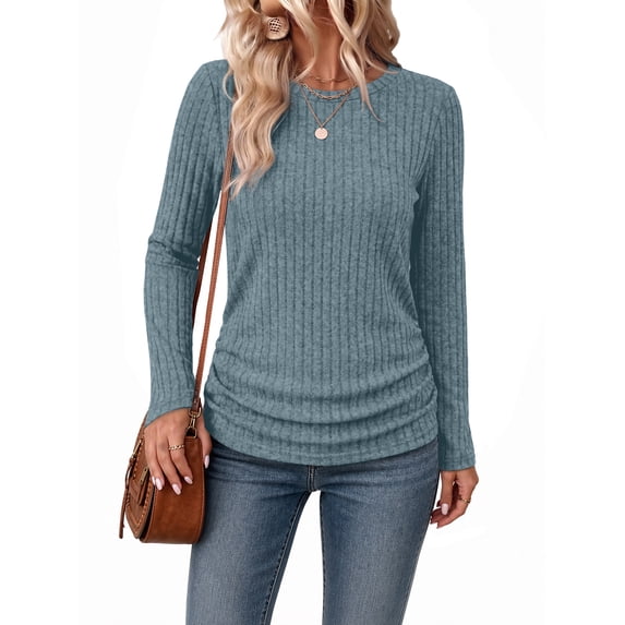 Ronuti Long Sleeve Shirts for Women Side Ruched Ribbed Knit Crewneck Fall Tops