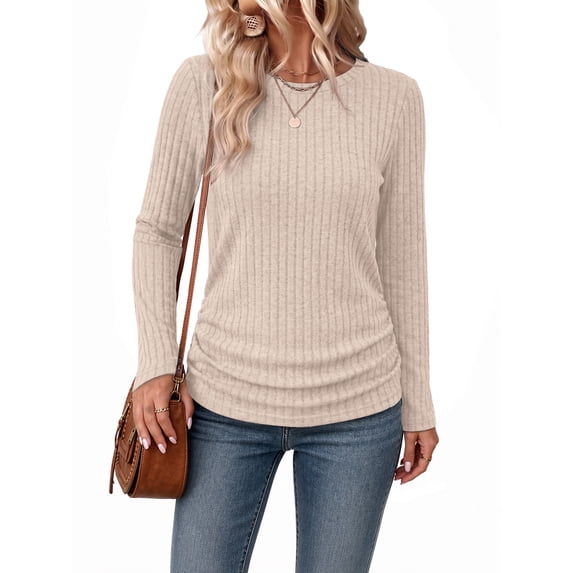 Ronuti Long Sleeve Shirts for Women Side Ruched Ribbed Knit Crewneck Fall Tops