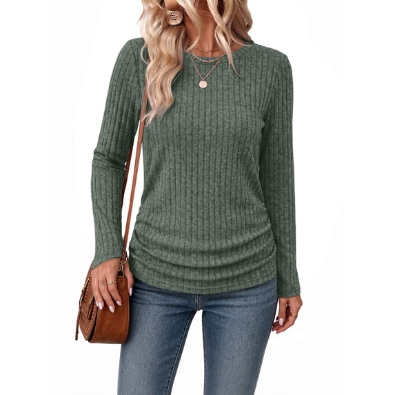 Ronuti Long Sleeve Shirts for Women Side Ruched Ribbed Knit Crewneck Fall Tops