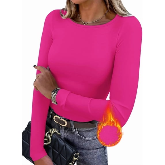 Ronuti Long Sleeve Thermal Shirt for Women Light Fleece Tops Spring 2025 Crew Neck Casual Basic T-Shirts