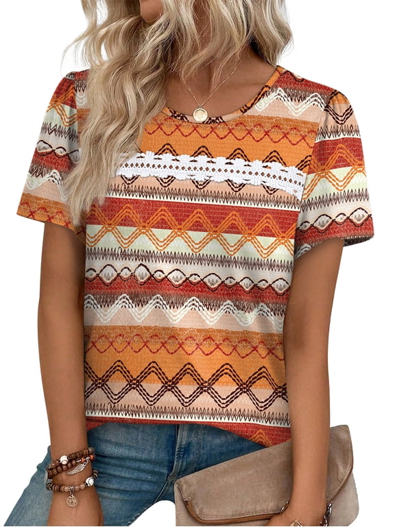 Summer Tops for Women Lady Spring Outfits Lace Tunic Floral Casual Short Sleeves T Shirts Flowy Blouses