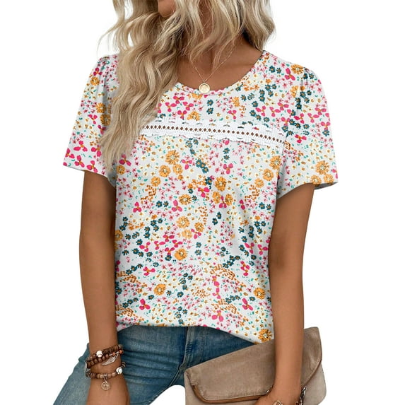Ronuti Summer Tops for Women Lady Spring Outfits Lace Tunic Floral Casual Short Sleeves T Shirts Flowy Blouses