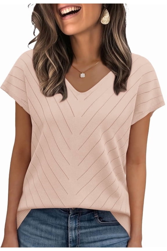 Short Sleeve Sweater for Women V Neck Trendy Summer Tops Beach Vacation Clothes Travel Business Casual Outfits