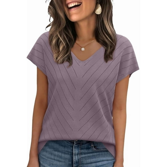 Ronuti Short Sleeve Sweater for Women V Neck Trendy Summer Tops Beach Vacation Clothes Travel Business Casual Outfits