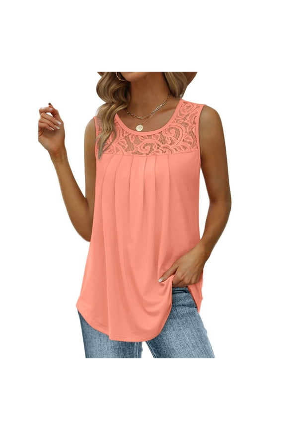 Summer Tank Tops for Women Loose Fit Pleated Tunics Scoop Neck Sleeveless Curved Hem Flowy Lace Tops