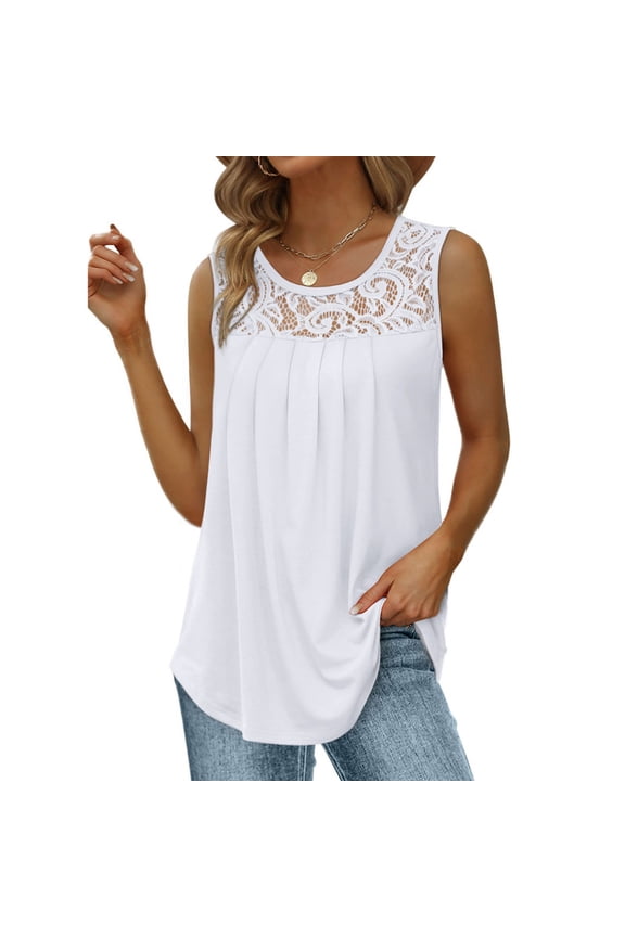 Summer Tank Tops for Women Loose Fit Pleated Tunics Scoop Neck Sleeveless Curved Hem Flowy Lace Tops