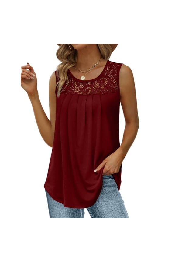 Summer Tank Tops for Women Loose Fit Pleated Tunics Scoop Neck Sleeveless Curved Hem Flowy Lace Tops