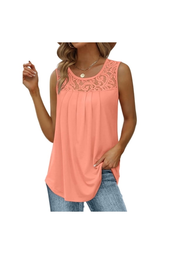 Summer Tank Tops for Women Loose Fit Pleated Tunics Scoop Neck Sleeveless Curved Hem Flowy Lace Tops