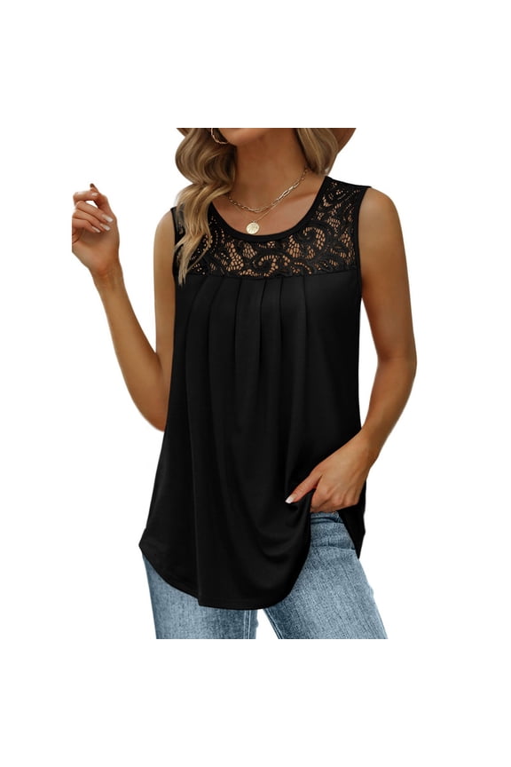 Summer Tank Tops for Women Loose Fit Pleated Tunics Scoop Neck Sleeveless Curved Hem Flowy Lace Tops
