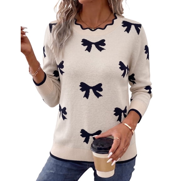 Ronuti Sweaters for Women Long Sleeve Fall Shirts Fashion Casual Scalloped Crew Neck Pullover Tops Lightweight Cozy Women's Sweaters