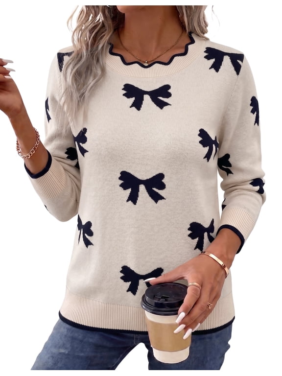 Sweaters for Women Long Sleeve Fall Shirts Fashion Casual Scalloped Crew Neck Pullover Tops Lightweight Cozy Women's Sweaters