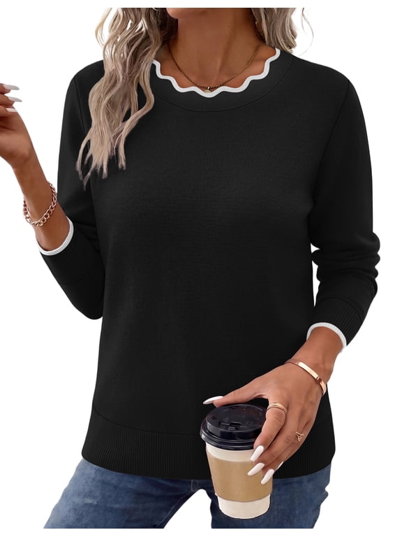 Sweaters for Women Long Sleeve Fall Shirts Fashion Casual Scalloped Crew Neck Pullover Tops Lightweight Cozy Women's Sweaters