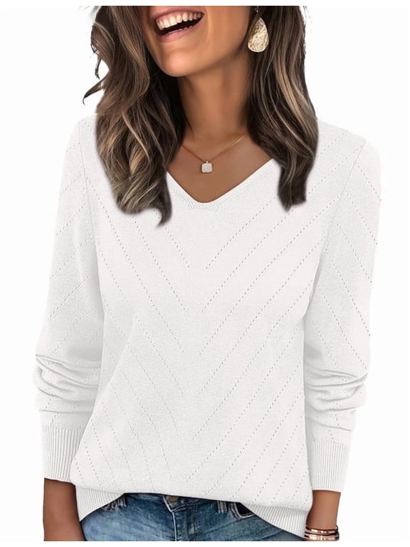 Sweaters for Women V Neck Long Sleeve Casual Fall Tops Crochet Knit Lightweight Pullover Fashion Clothes 2026
