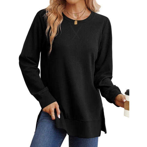 Ronuti Sweatshirt for Women Side Split Fall Fashion Long Sleeve Shirts Crewneck Tunic Tops