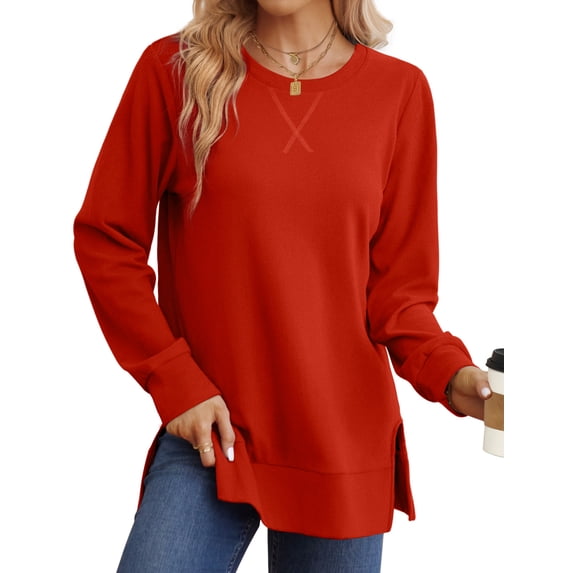 Ronuti Sweatshirt for Women Side Split Fall Fashion Long Sleeve Shirts Crewneck Tunic Tops