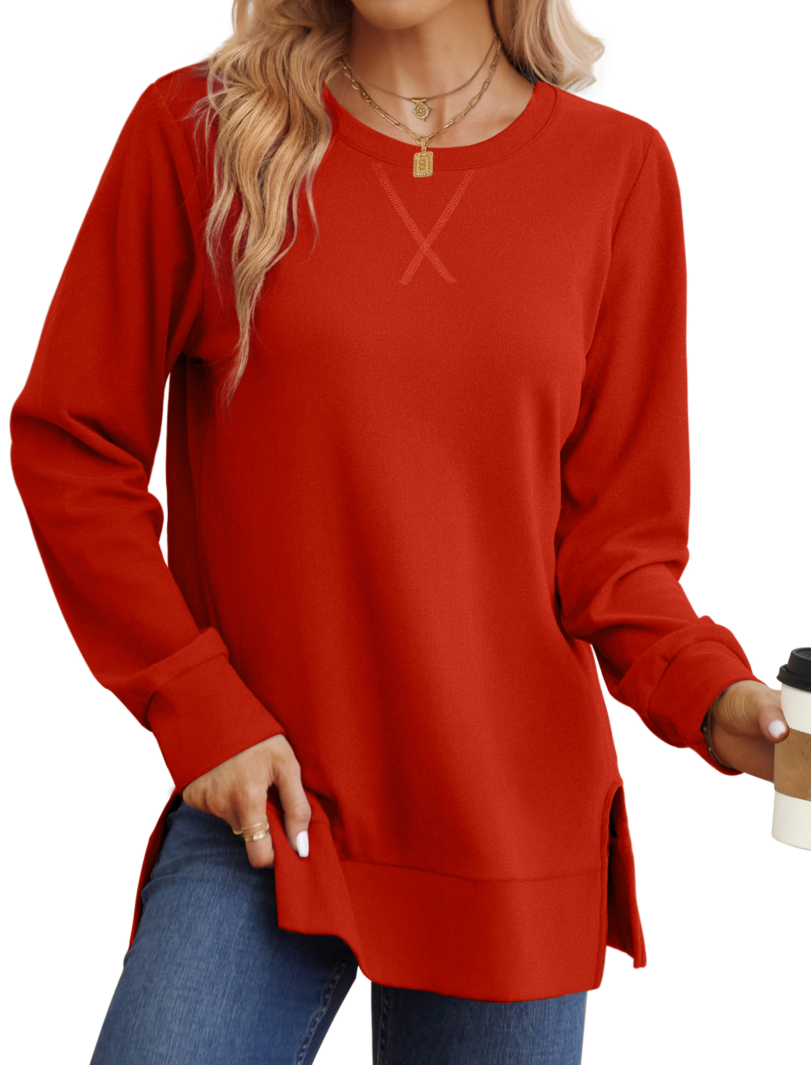 Ronuti Sweatshirt for Women Side Split Fall Fashion Long Sleeve Shirts Crewneck Tunic Tops