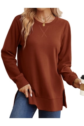 Sweatshirt for Women Side Split Fall Fashion Long Sleeve Shirts Crewneck Tunic Tops