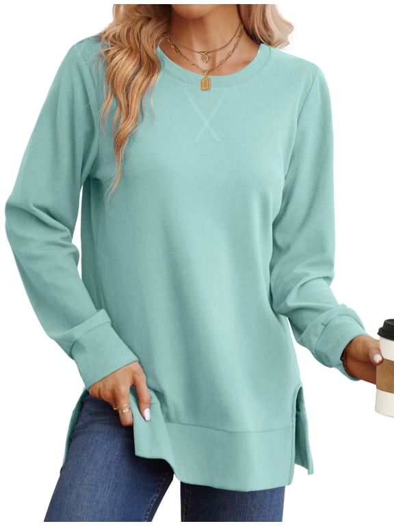 Sweatshirt for Women Side Split Fall Fashion Long Sleeve Shirts Crewneck Tunic Tops