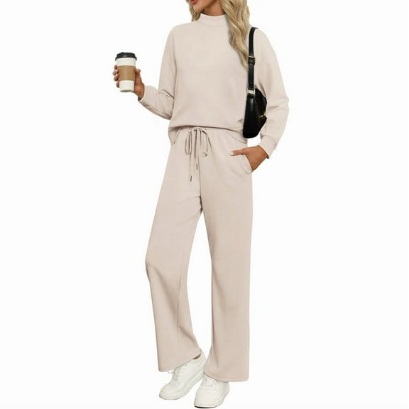 Ronuti Women's 2 Piece Lounge Sets for Fall - Mock Neck Tops & Wide Leg Pants, Comfy Loungewear Sweatsuit for Vacation, Travel, Airport Outfits