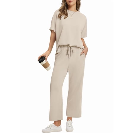 Ronuti Two Piece Sets for Women Summer Outfits Oversized Wide Leg Crop Pants Lounge Sets Airport Beach Vacation Clothes