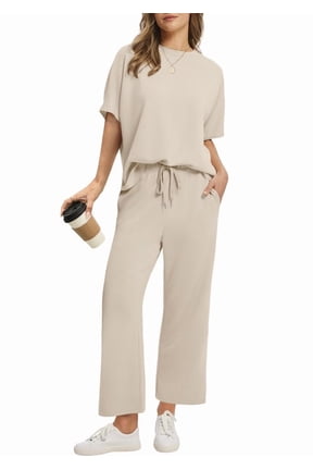 Two Piece Sets for Women Summer Outfits Oversized Wide Leg Crop Pants Lounge Sets Airport Beach Vacation Clothes