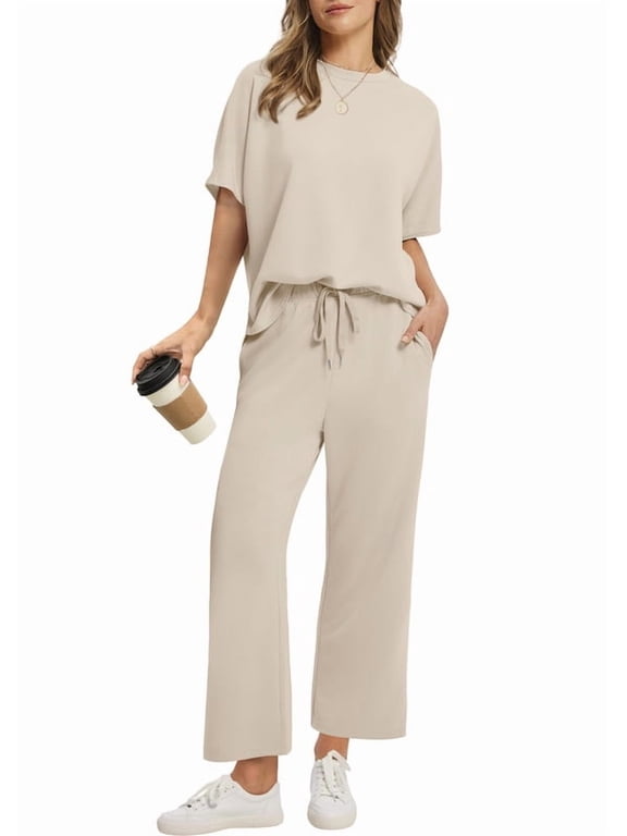Two Piece Sets for Women Summer Outfits Oversized Wide Leg Crop Pants Lounge Sets Airport Beach Vacation Clothes